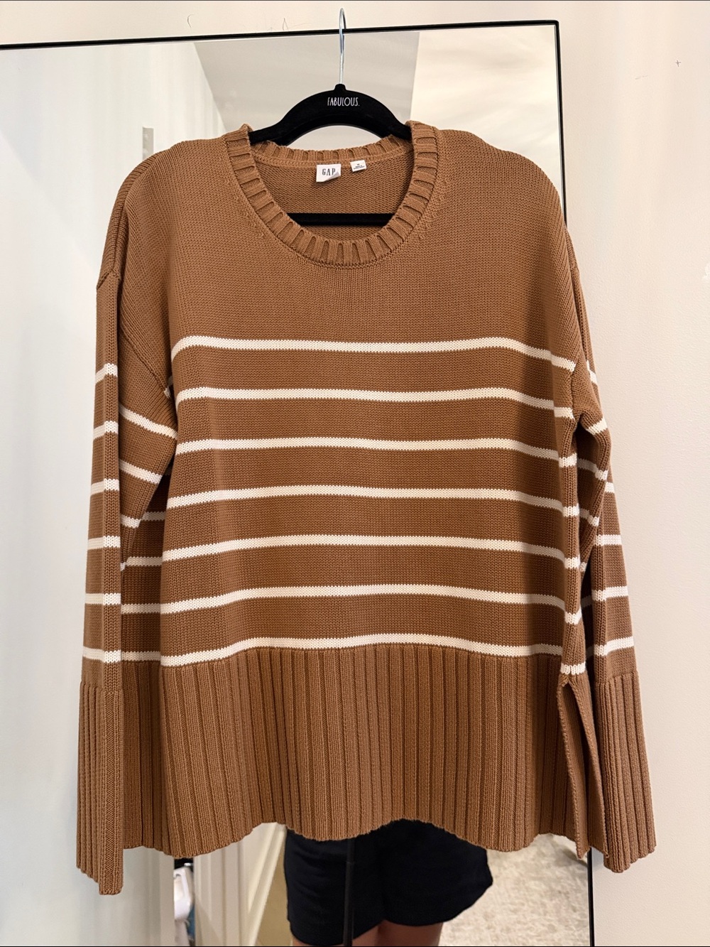 GAP Tan and White Striped Crewneck Sweater